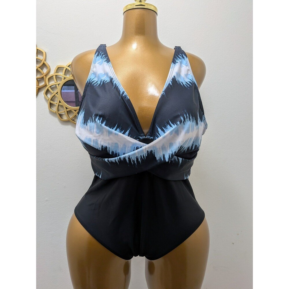 Front Cross V-Neck Tummy Control One Piece Swimsuit Blue Multi XL